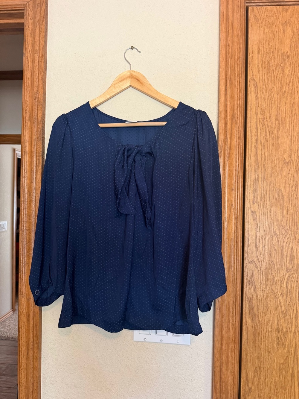 CAbi Navy Tie-Neck Blouse with Subtle Dot Texture